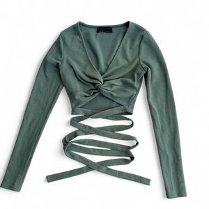 Urban Outfitters Sage Green Long Sleeve Wrap Crop Top